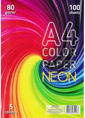 Папір ксероксний кольоровий А4 100 шт 5 кольорів Неон Двосторонній