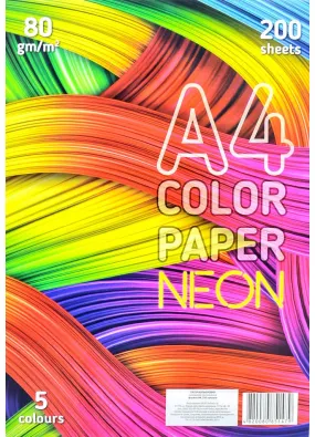 Папір ксероксний кольоровий А4 200 штук 5 кольорів Неон Двосторонній