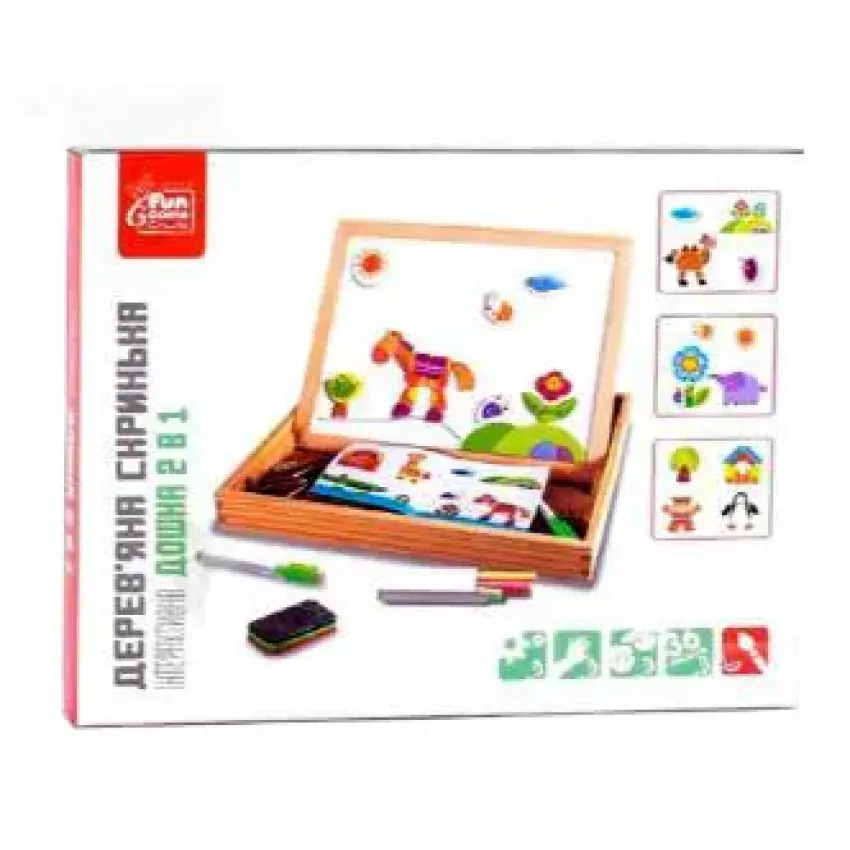 Двостороння дошка з набором магнітів Дерев'яна скринька Інтерактивна дошка 2 в 1 Fun Game (99183)